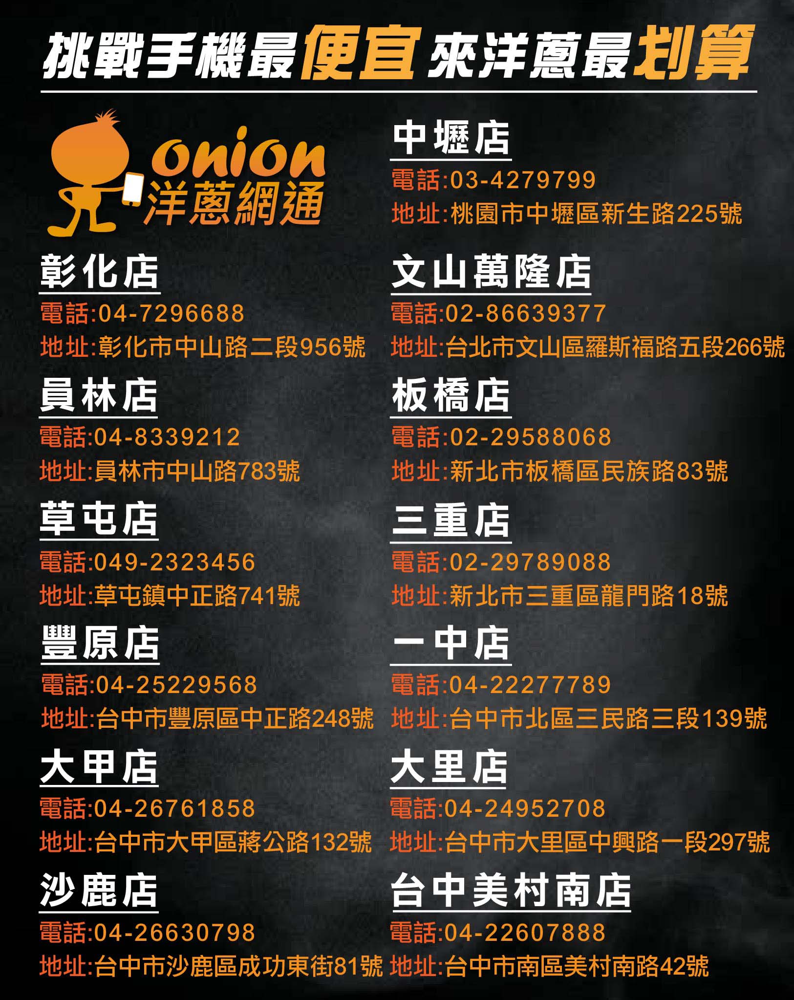 洋蔥網通全台分店據點地址電話