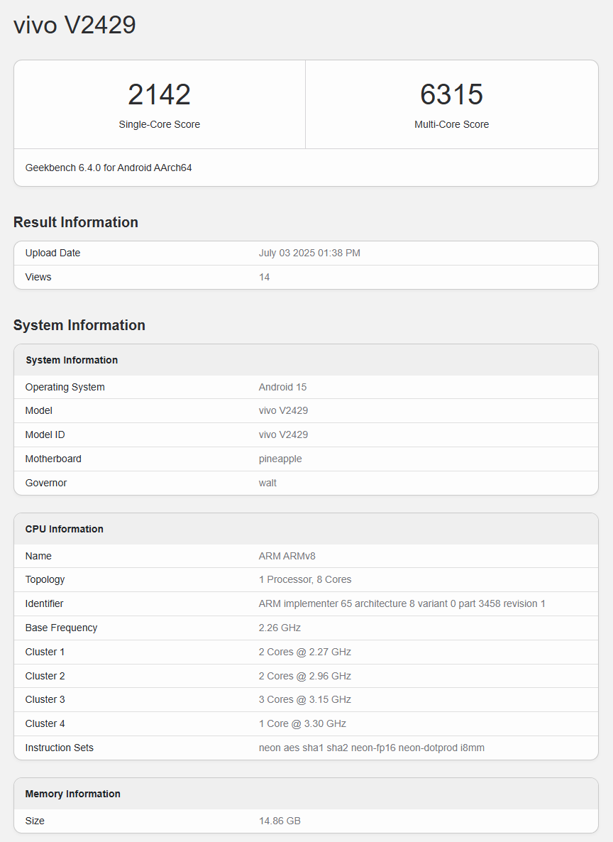 vivo X Fold 5 跑分 geekbench