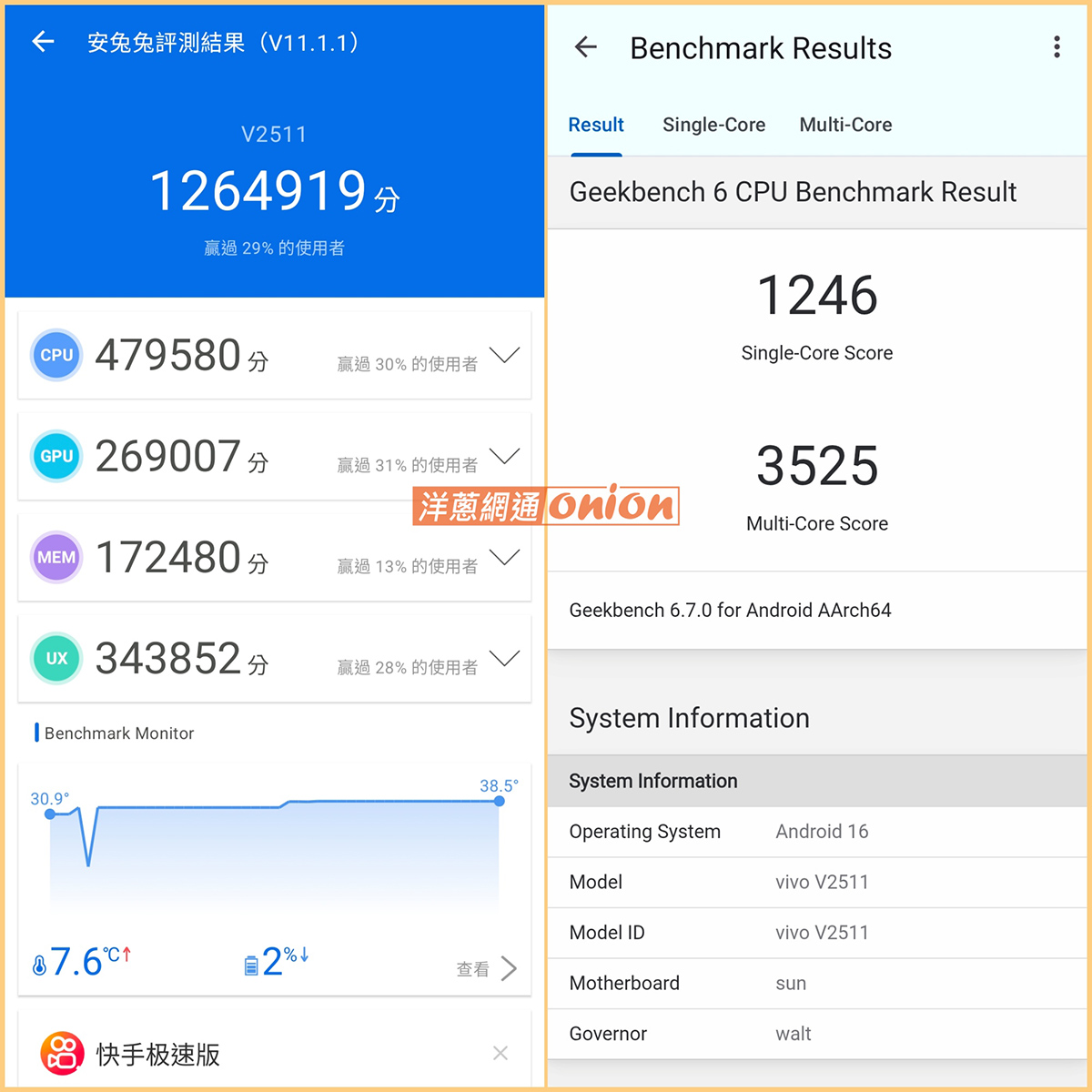 vivo v60 安兔兔 geekbench6 跑分數據