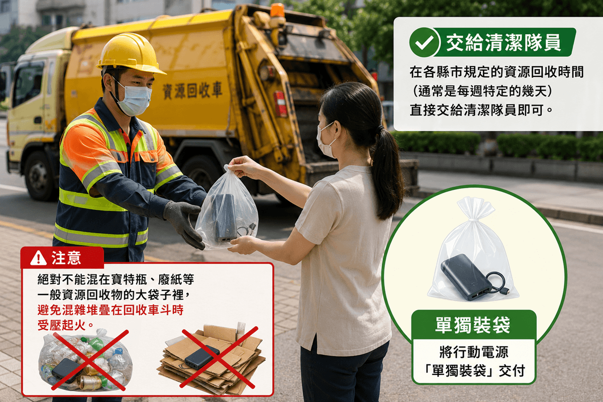 行動電源要單獨裝袋才能給資源回收車回收