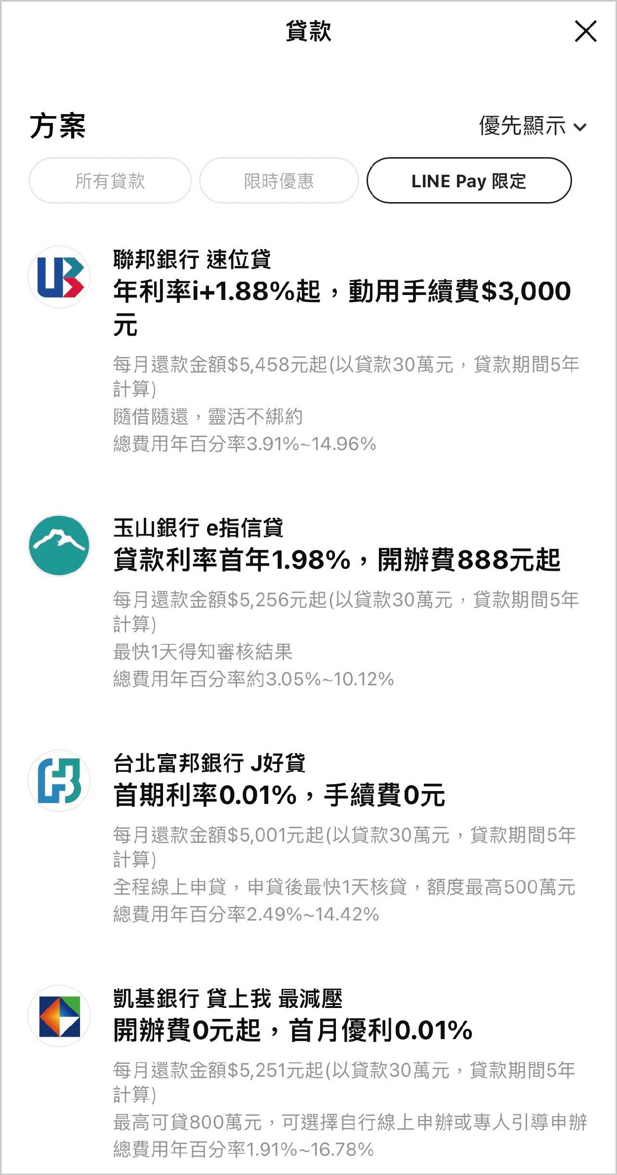 LINE Pay推出限定的申貸優惠，提供各家銀行的貸款資訊