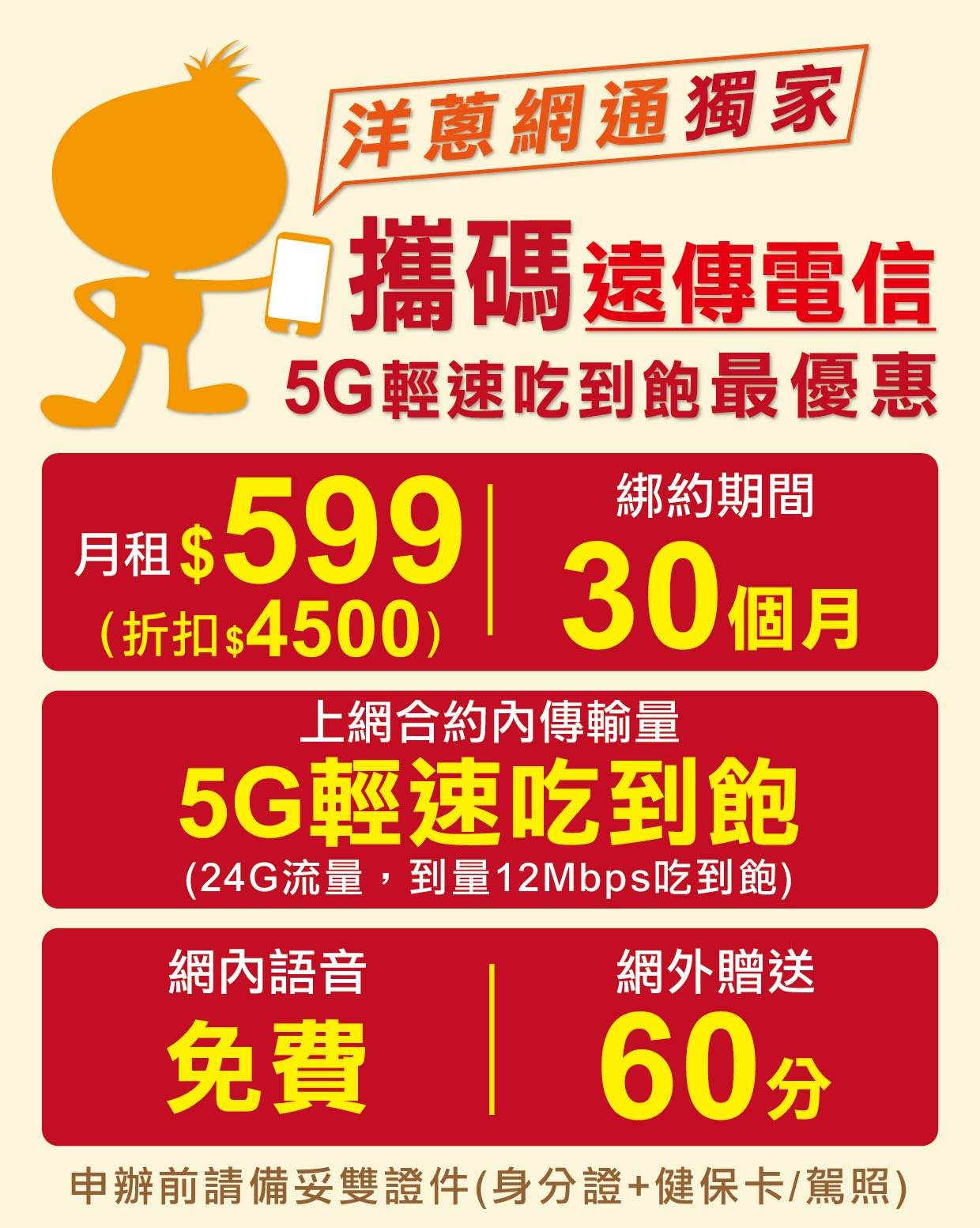 遠傳攜碼5G輕速吃到飽原月租費599 折扣4500元