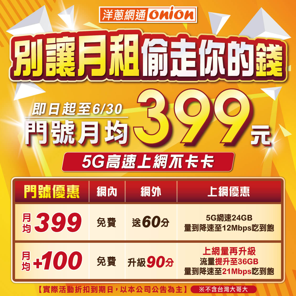 洋蔥網通618限定5G月租399方案