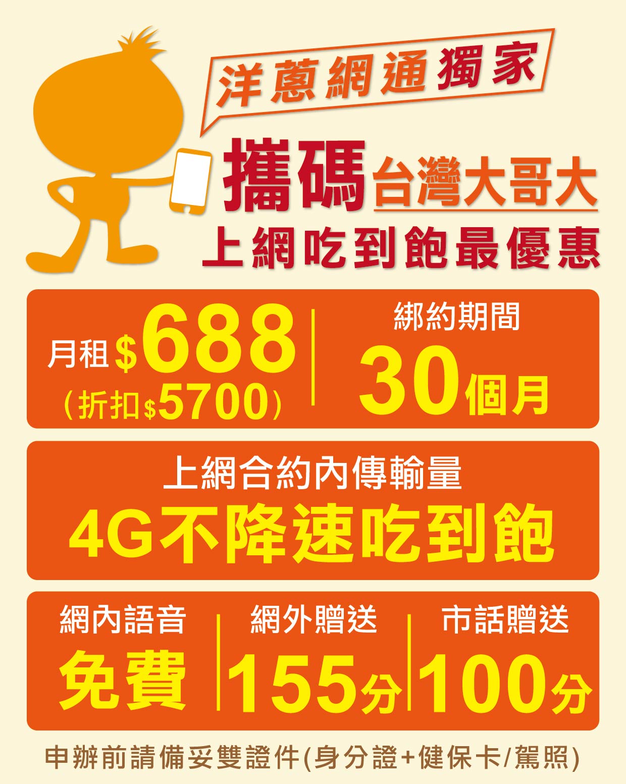 洋蔥網通提供台灣大哥大攜碼優惠方案