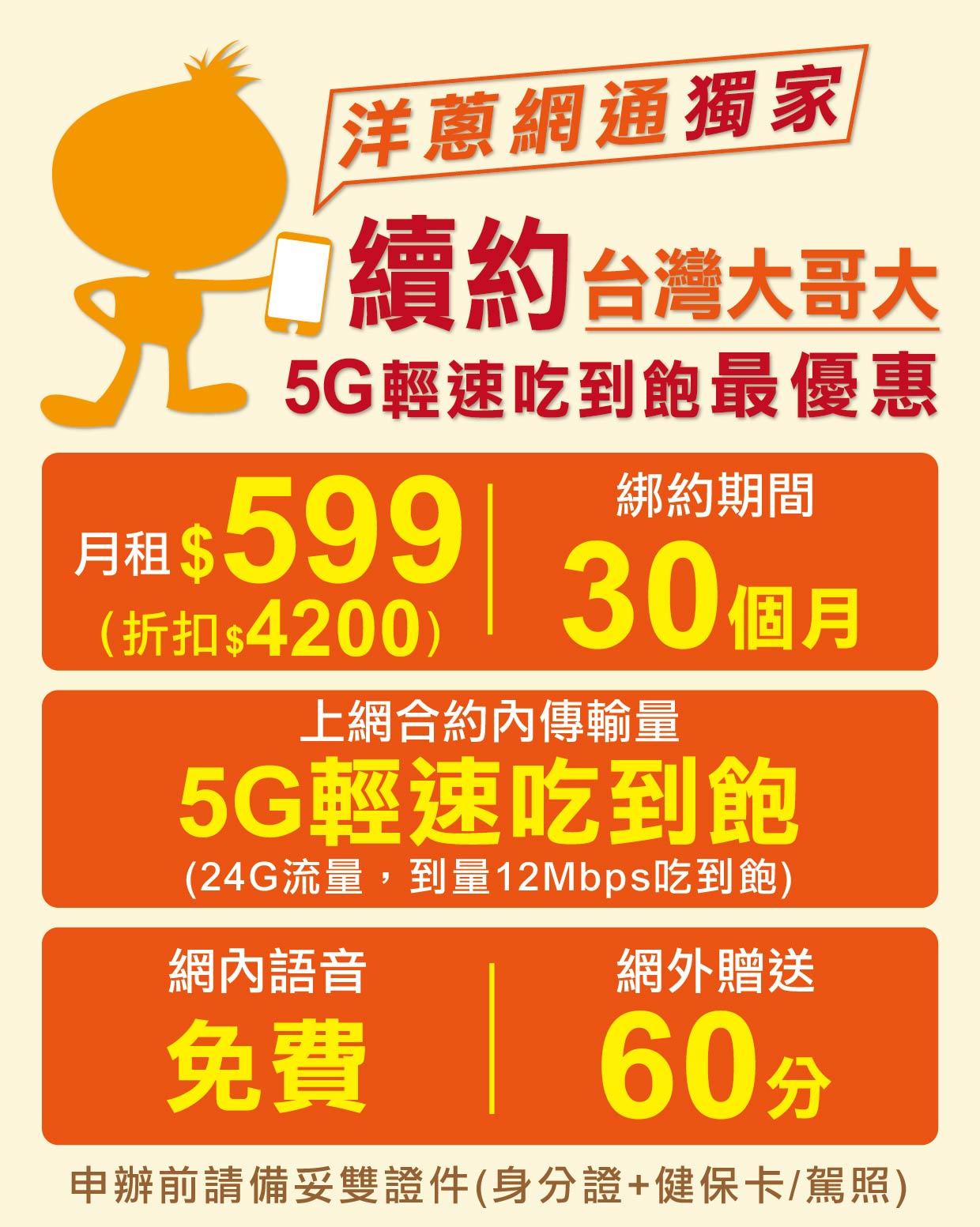 洋蔥網通台灣大哥大續約優惠方案