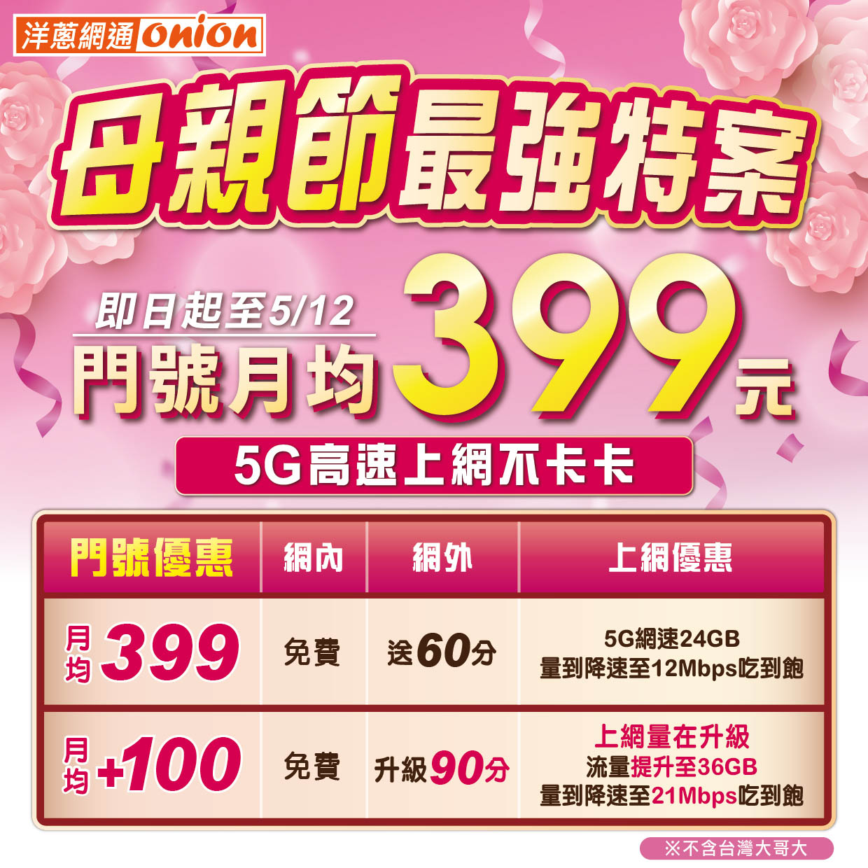 洋蔥網通 母親節專案399方案
