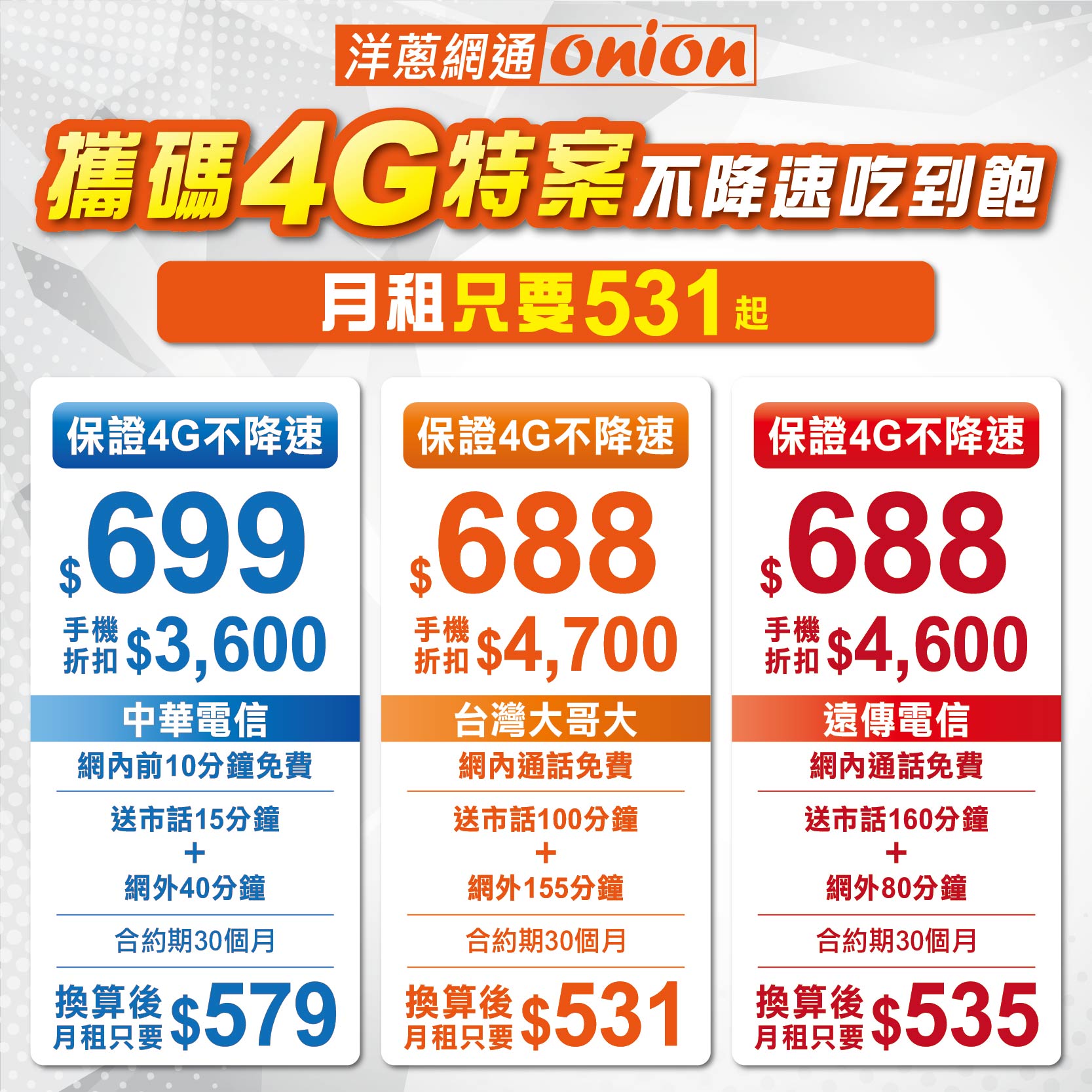 洋蔥網通 4G吃到飽三大電信優惠