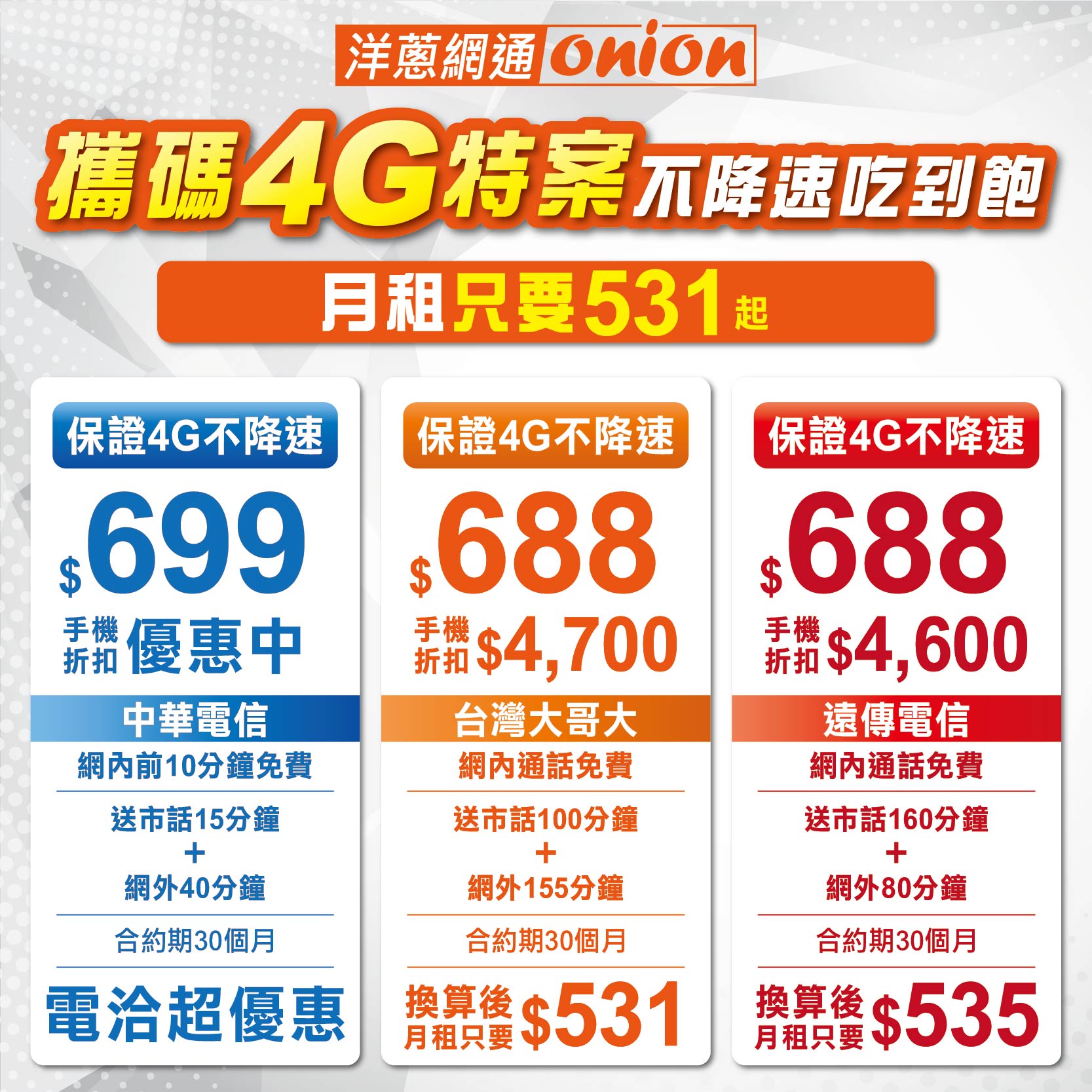 洋蔥網通 4G吃到飽三大電信優惠