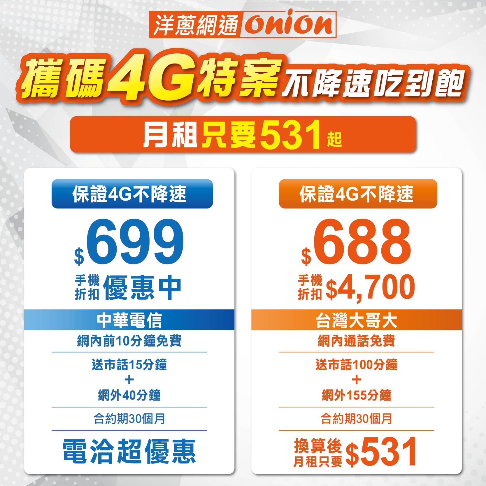 洋蔥網通 4G吃到飽各大電信優惠