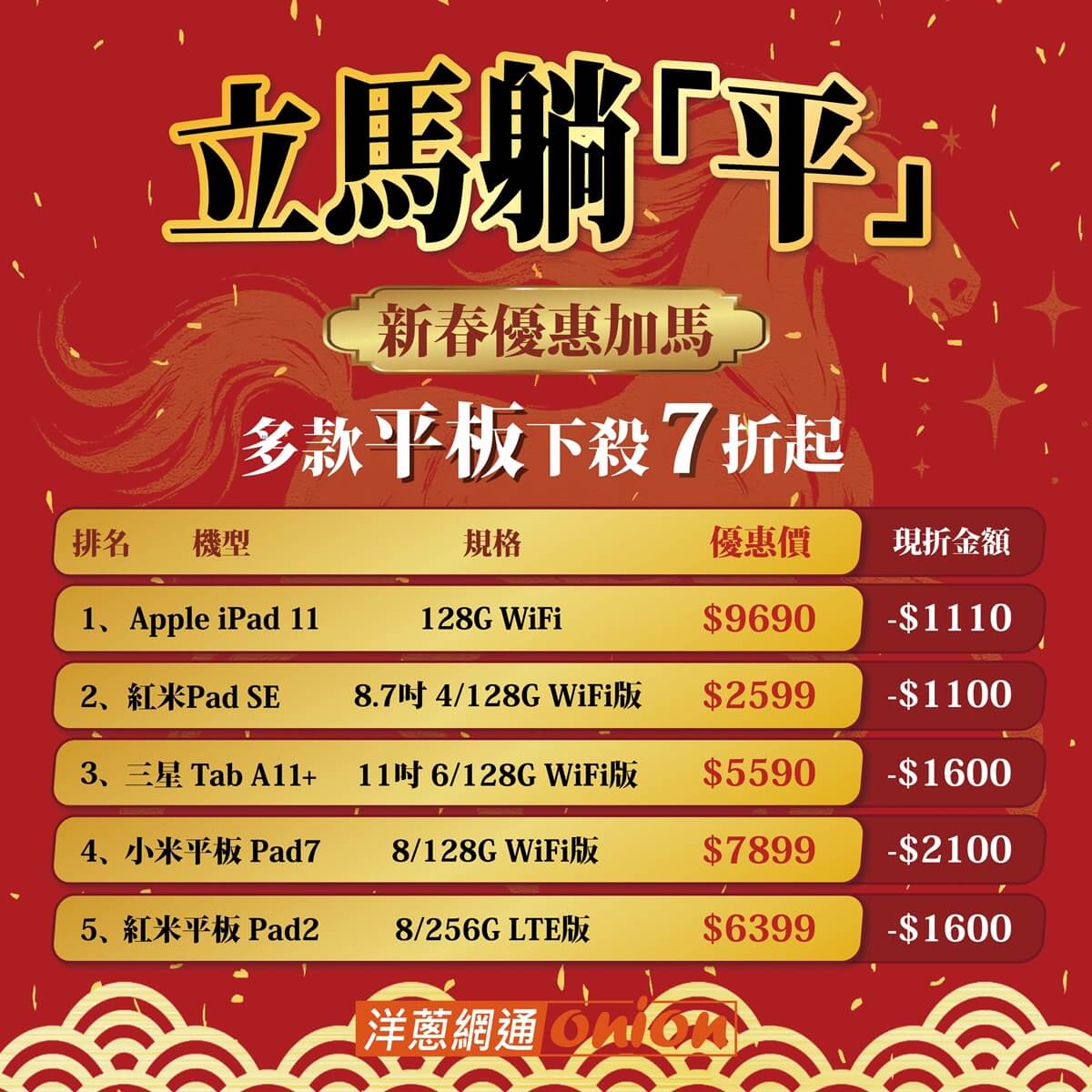 洋蔥網通2026平板優惠最強檔