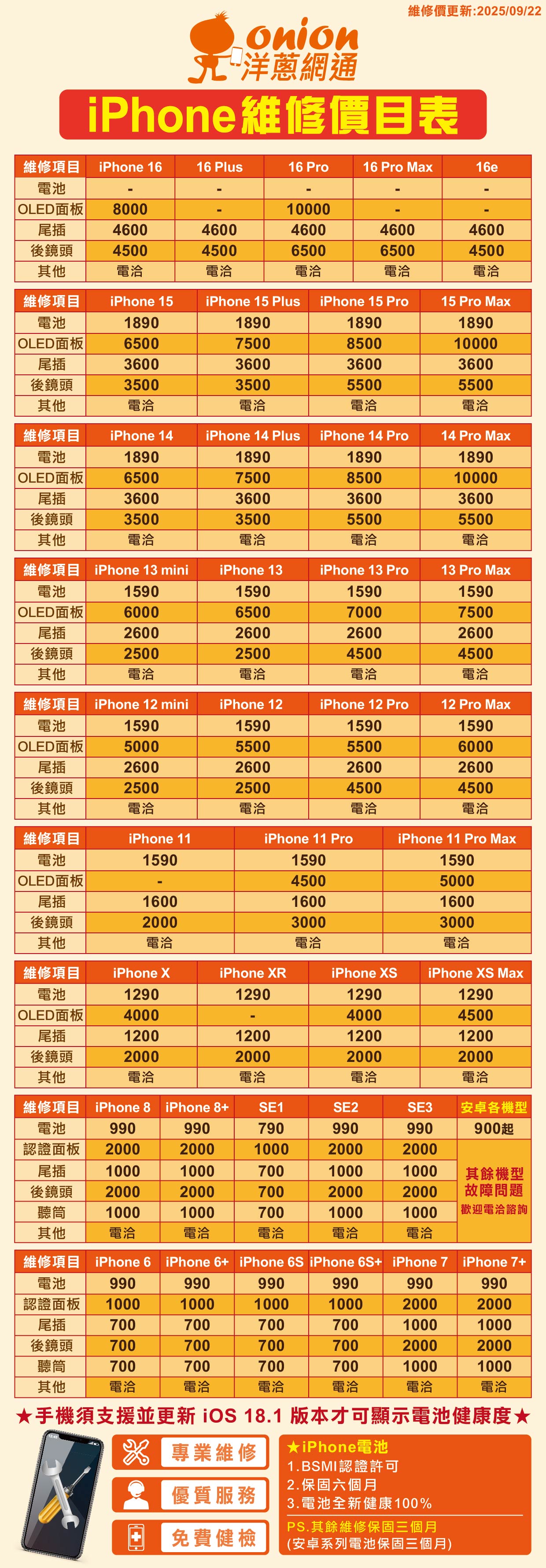 洋蔥網通手機維修價目表
